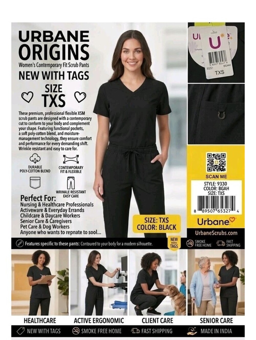 Urbane Classic Fit Scrub Pants Womens TXS Black Drawstring